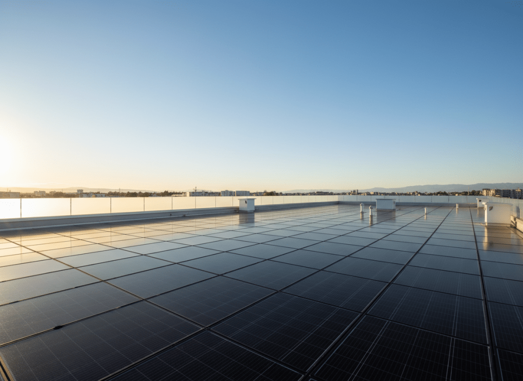 Wide cinematic photograph of a modern residential rooftop covered in sleek solar panels under bright clear blue sky, golden sunlight streaming across the panels, clean minimal composition with lots of open sky negative space, professional architectural photography, crisp and bright